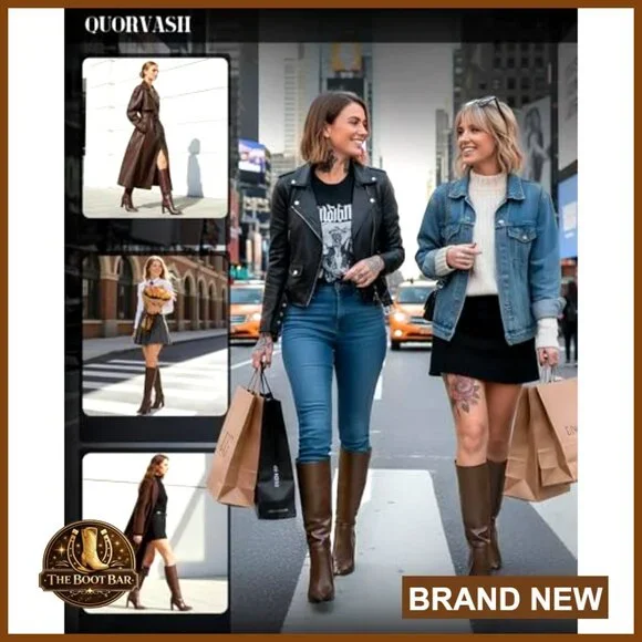 Knee High Boots Faux Leather Pointed Toe Block Heel Side Zipper Chic